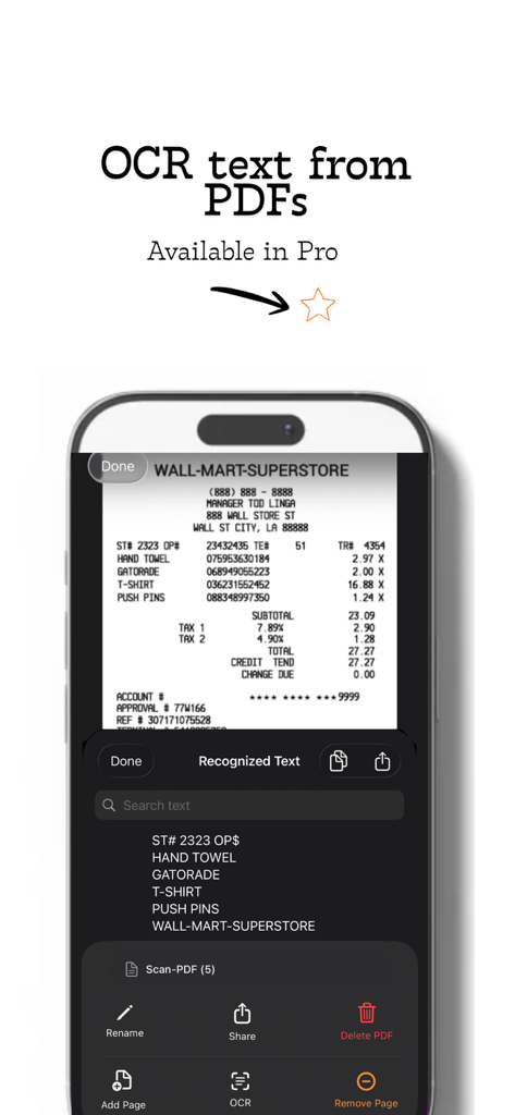 PDF Scanner & OCR - iPhone-Bildschirm, der die OCR-Texterkennungsfunktion zeigt, die Text aus einer gescannten Quittung extrahiert
