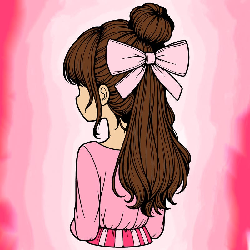 realistic girl  with hip length hair a bun and a big bow on the back of head