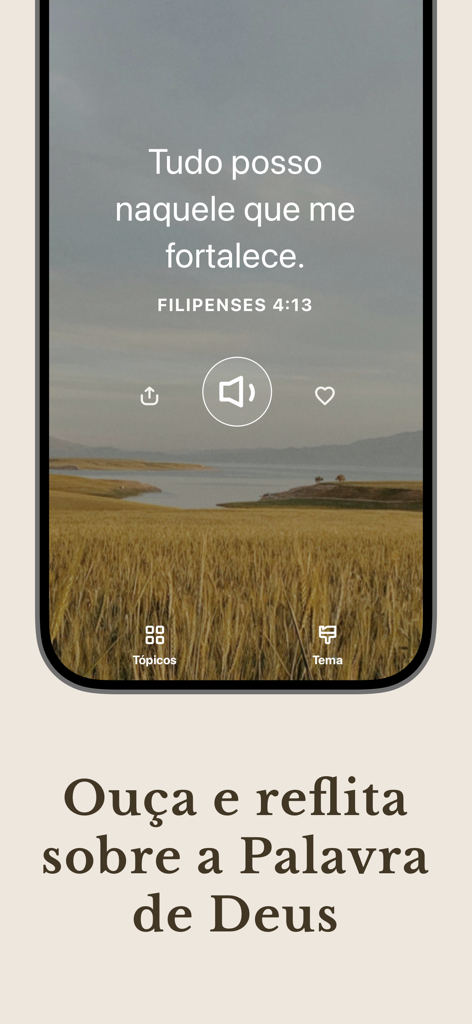 Versículo do Dia - Biblinho - Pantalla de la aplicación Biblinho mostrando un versículo bíblico de Filipenses 4:13 con un botón de reflexión de audio sobre un fondo de paisaje natural.