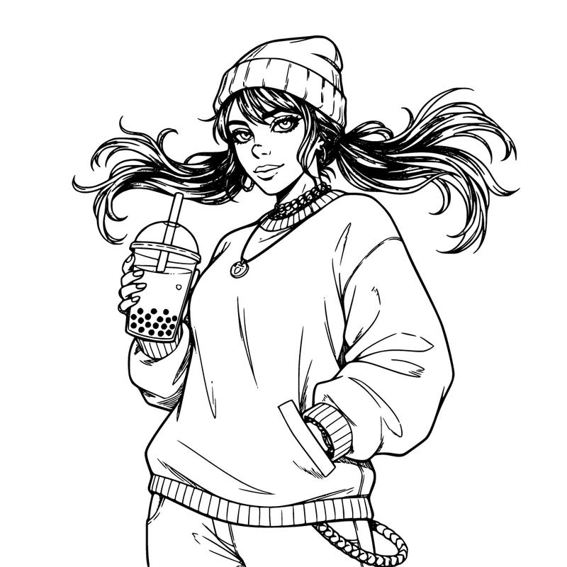 a manga billie eilish character with boba in her hand
