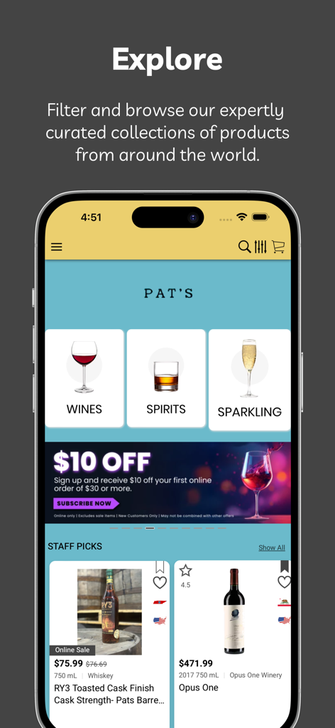 Pats Beverage and Liquor Store app home screen showing wine and spirit categories with a discount offer