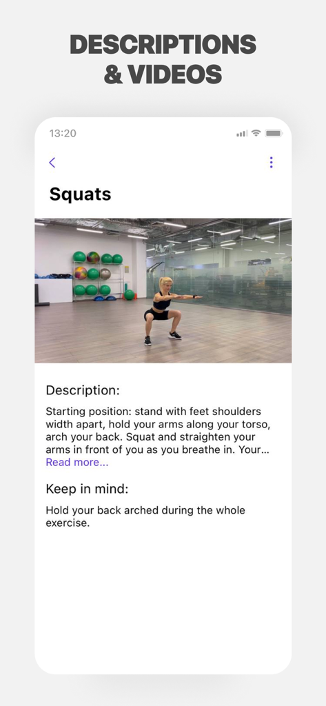 Interface do aplicativo de fitness mostrando uma mulher realizando um agachamento com vídeo e instruções em texto