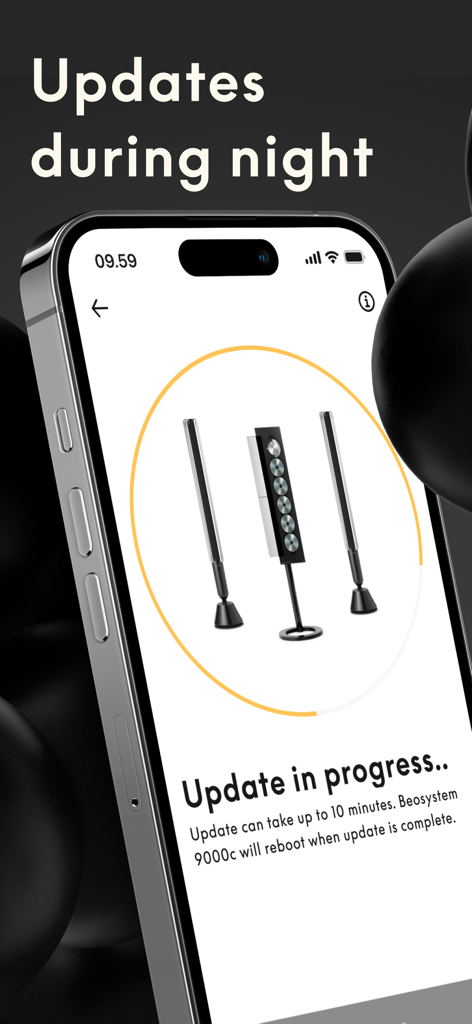 Interfaz de la aplicación Bang and Olufsen que muestra una actualización de firmware en curso para un sistema de audio Beosystem.