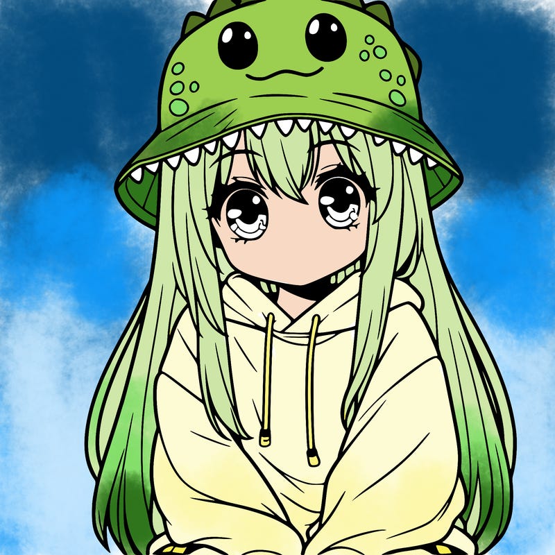 girl with anime shaped eyes with a dinosaur bucket hat oversized sweatshirt long straight hair