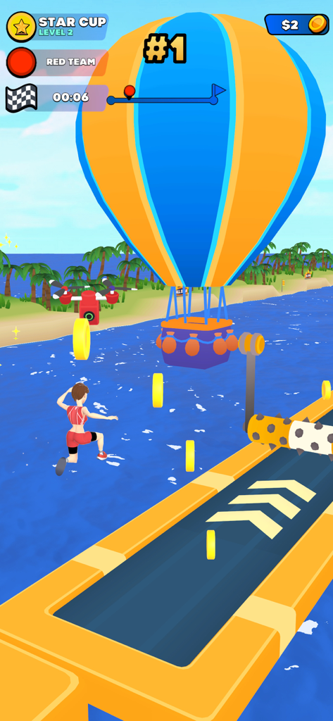 All Stars Challenge - Um personagem em traje vermelho atravessa um percurso de obstáculos aquático ao lado de um grande balão de ar quente em um cenário tropical.