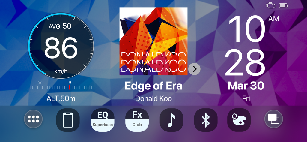 Infotainment dashboard of Pioneer Smart Sync app showing speedometer and music player