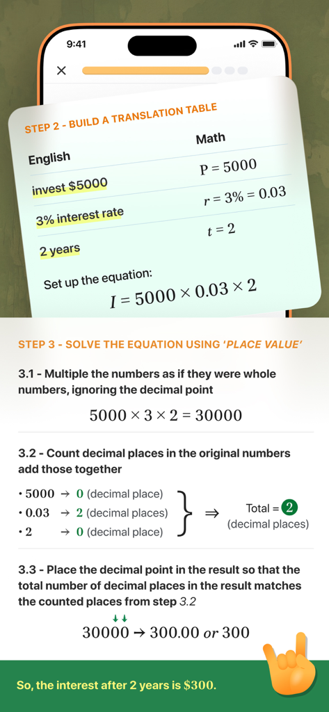 2026 ASVAB Practice Test Prep - Step-by-step mental math tutorial for solving simple interest problems in the ASVAB practice app.