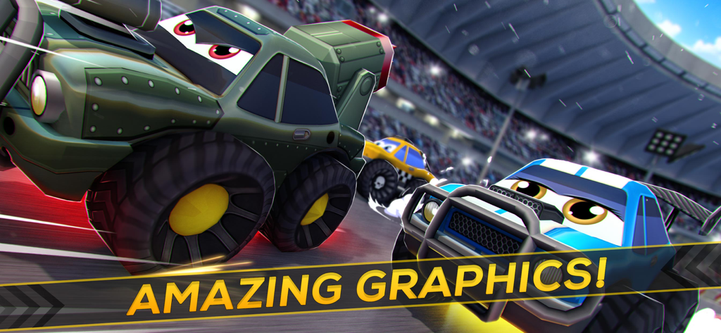 Lightning Racing Cars: Pursuit - Cartoon cars with big eyes racing in a stadium with Amazing Graphics text