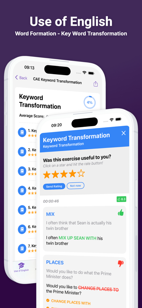 Use of English PRO - Keyword transformation practice for Cambridge English exams on the Use of English PRO app