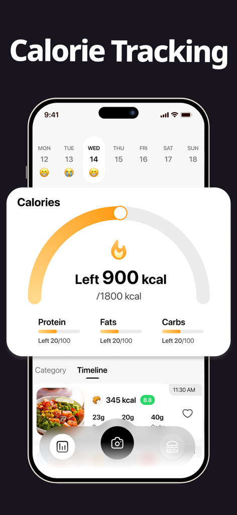 Captura de pantalla del panel de la aplicación CalBye que muestra el progreso diario de calorías, macronutrientes y una línea de tiempo de comidas.