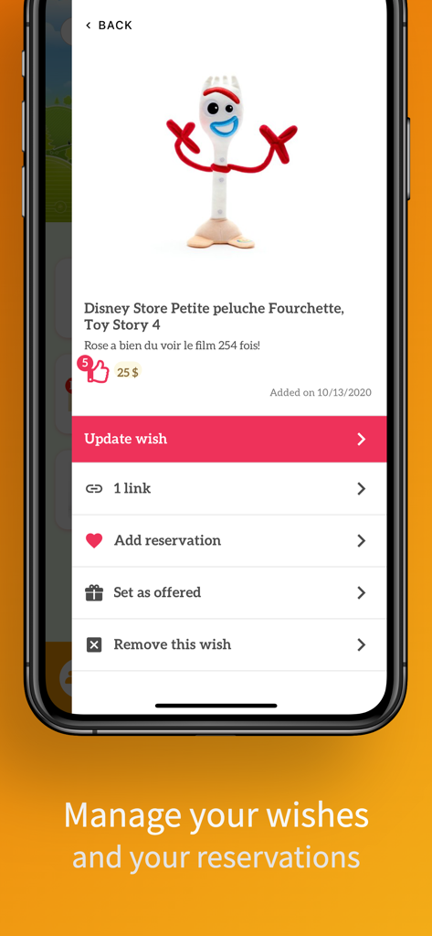 Interfaz de la aplicación Oh My Wish que muestra opciones para gestionar listas de regalos y reservas