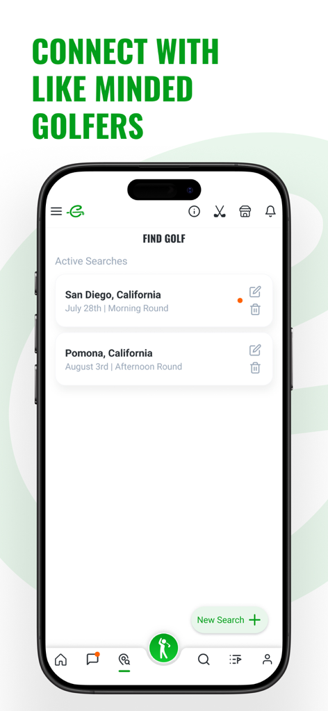 OnlyGolfers App - OnlyGolfers mobile app interface showing a search feature to connect with other golfers for rounds in California.