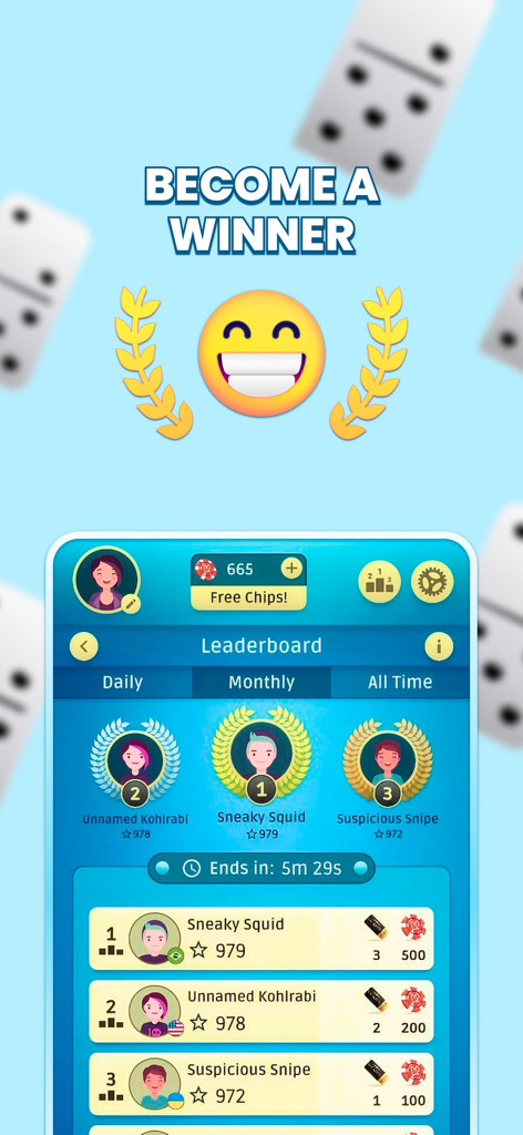 Leaderboard screen of the Dominoes Classic mobile game showing top player rankings and daily tournament standings