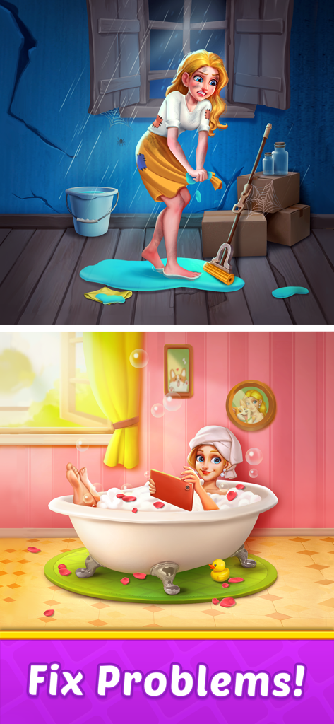 Fruit Diary 2: Match 3 Offline - A visual comparison of a woman fixing a leaky room versus relaxing in a luxurious renovated bathroom.
