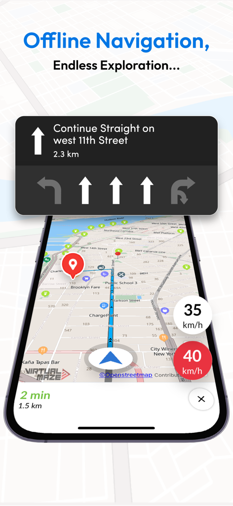 Smartphone screen showing offline turn by turn GPS navigation and route guidance
