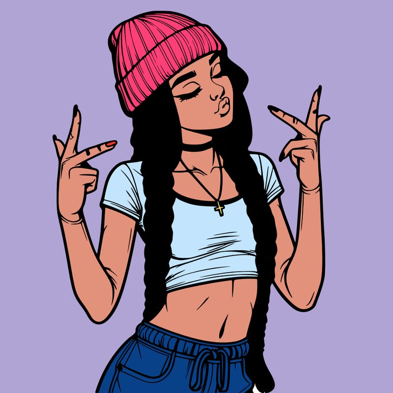 realistic teenage girl with braids and a beanie and crop top doing 🫶🏼