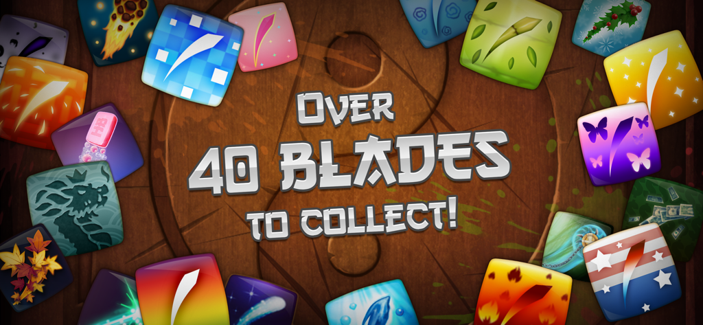 A collection of colorful ninja blade icons in Fruit Ninja with the text Over 40 Blades to Collect