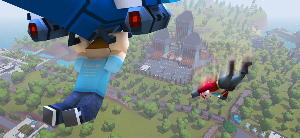 Pixel art characters skydiving from a plane over a blocky map in Mad GunS