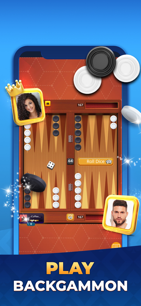 VIP Games: Card & Board Online - Interfaz de la aplicación móvil mostrando un juego de backgammon en línea con dos perfiles de jugador y un diseño de tablero tradicional.