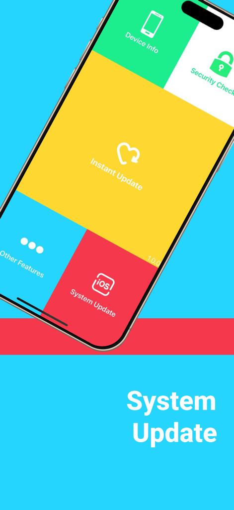 A tela inicial do aplicativo Gerenciador de Atualizações de Apps mostrando várias opções de utilitário, como atualização de sistema e verificação de segurança