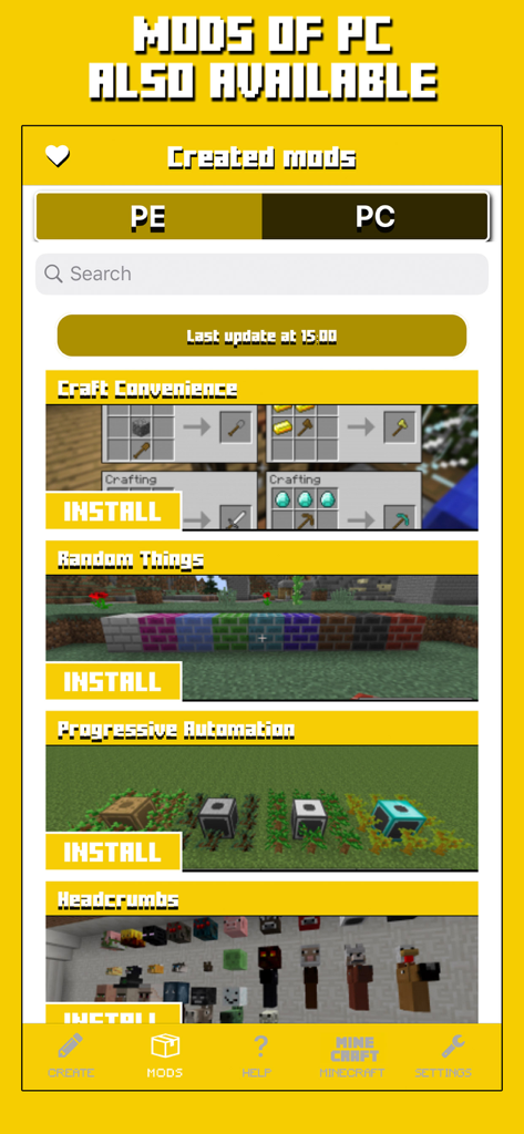 Mods for Minecraft PC & PE - Interface showing a list of downloadable Minecraft mods for PE and PC including Craft Convenience and Random Things