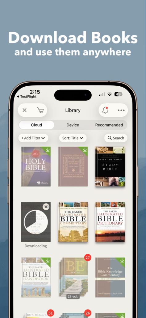 Library interface of the NKJV Bible app by Olive Tree displaying downloadable study resources and commentaries.