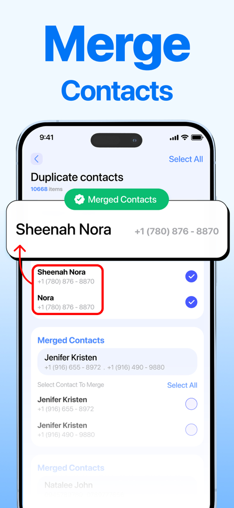 Interface of the AI Cleaner app showing the process of merging duplicate phone contacts to organize storage