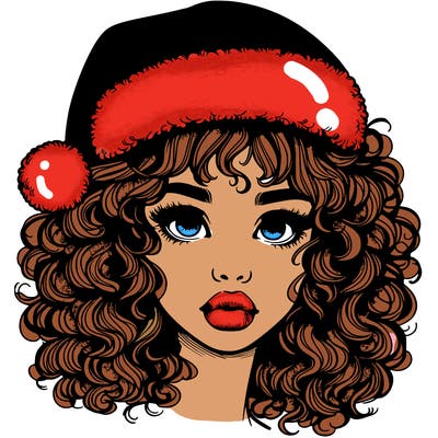 realistic girl with a santa hat curly hair and lips