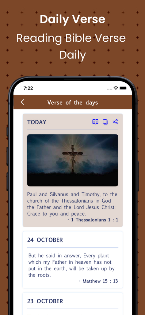 A mobile app screen showing a daily Bible verse feature with an image of a cross and scripture text.
