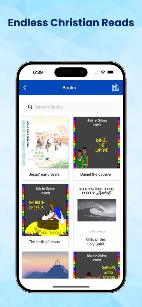 Zulu Bible - A mobile library view within the Zulu Bible app showing various Christian books and biblical stories for children.