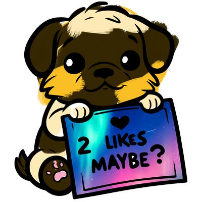 a puppy holding a sign that says 2 likes maybe?