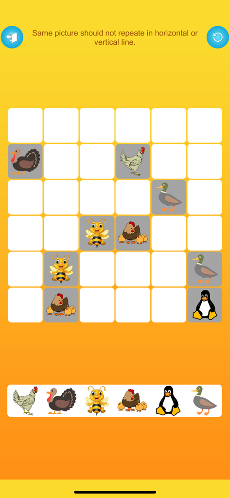 Brain Puzzle with Pictures - Uma grade de quebra-cabeça de lógica 6x6 do Quebra-Cabeça Cerebral com Imagens com ícones de animais como abelhas, patos e pinguins.