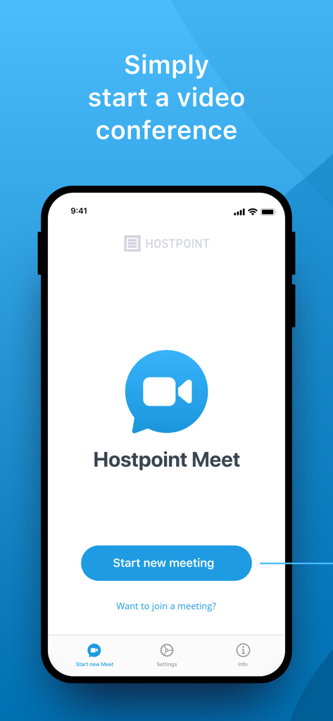 Hostpoint Meet - Hostpoint Meet App-Startbildschirm mit der Schaltfläche Neues Meeting starten für sichere Videokonferenzen.