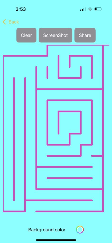 Maze Lab Creator - 薄い青色の背景に描かれた紫色の手描き迷路、迷路ラボクリエイターアプリのインターフェース。