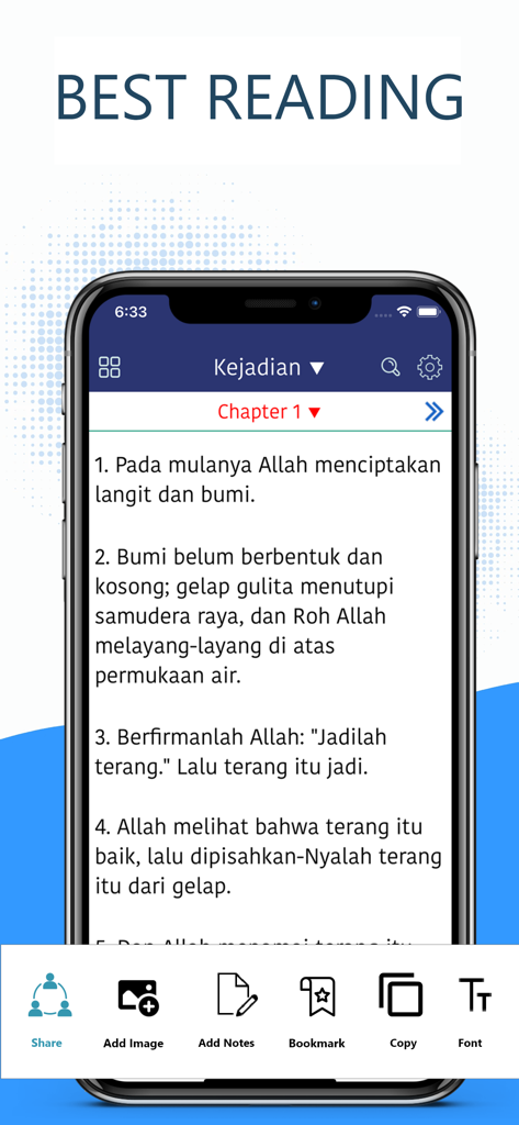 Alkitab Bible (Indonesian) - Alkitab Indonesian Bible app interface showing the reading screen for Genesis Chapter 1 with various tools