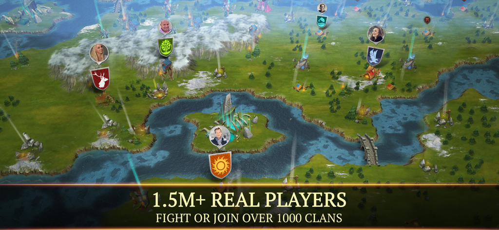 다양한 플레이어 클랜과 영토를 보여주는 Stormfall Saga of Survival 월드 맵의 탑다운 뷰