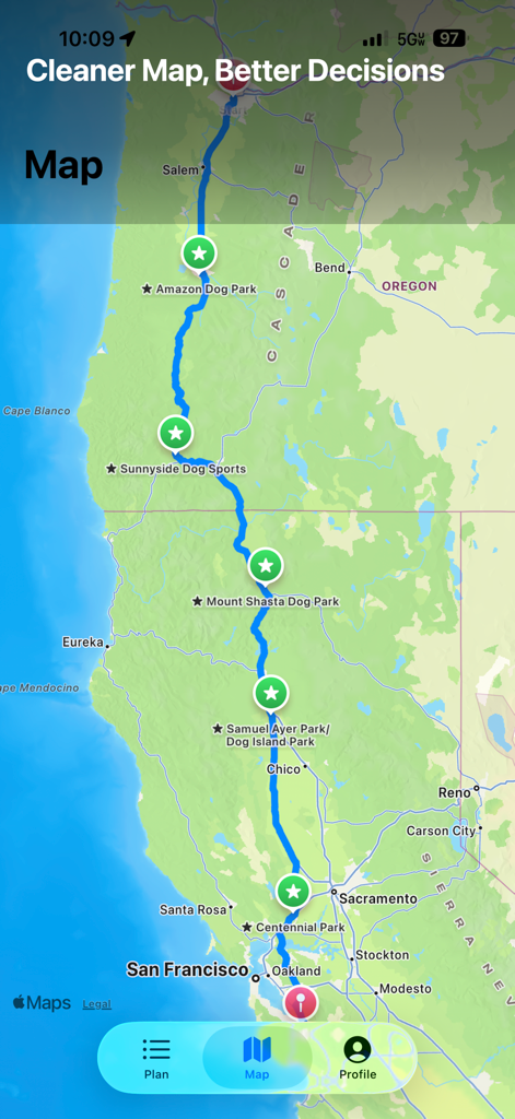 PetStop: Dog Road Trip Planner - A road trip map in the PetStop app featuring several dog park stops along a route