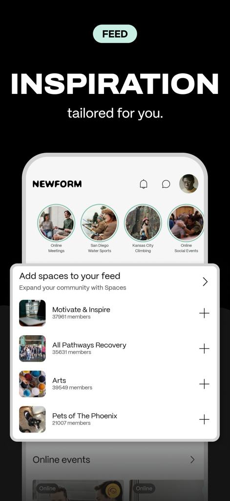NewForm app interface showing tailored inspiration feed and community spaces for recovery and wellbeing
