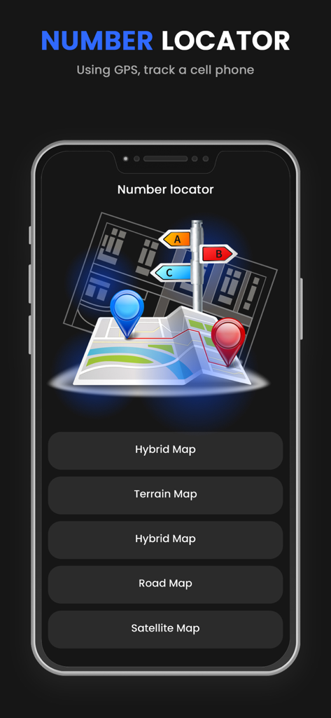 Mobile Number Trackers - GPS追跡機能と衛星や地形を含むさまざまなマップビューオプションを表示する携帯電話番号ロケーターアプリのインターフェース。