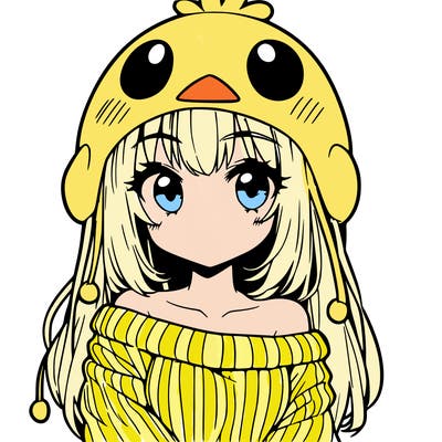 anime girl with chick shaped hat with sweater with bare shoulders with bangs covering them one eye with low tail