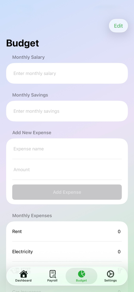 PaySense - Interface de l'application PaySense pour la planification budgétaire mensuelle et le suivi des dépenses