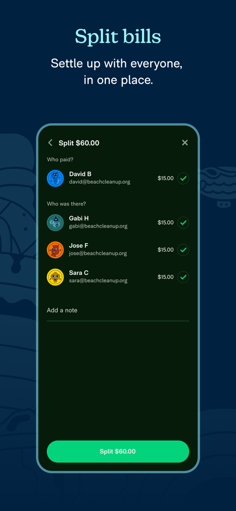 New Expensifyアプリのスクリーンショット。4人で60ドルを割り勘する機能が表示されています。