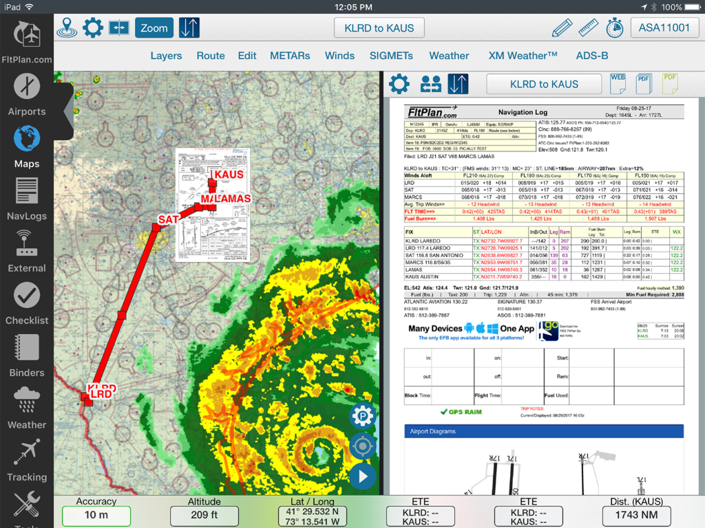 FltPlan Go - Split screen view of FltPlan Go on iPad displaying a moving map with weather radar and a navigation log