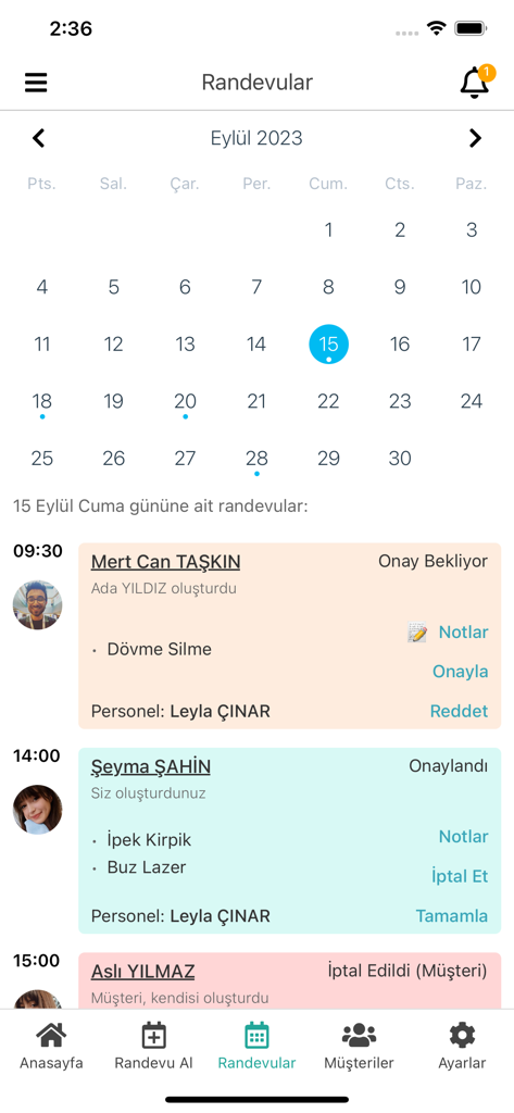 Mobile dashboard showing a monthly calendar and list of daily client appointments with booking status