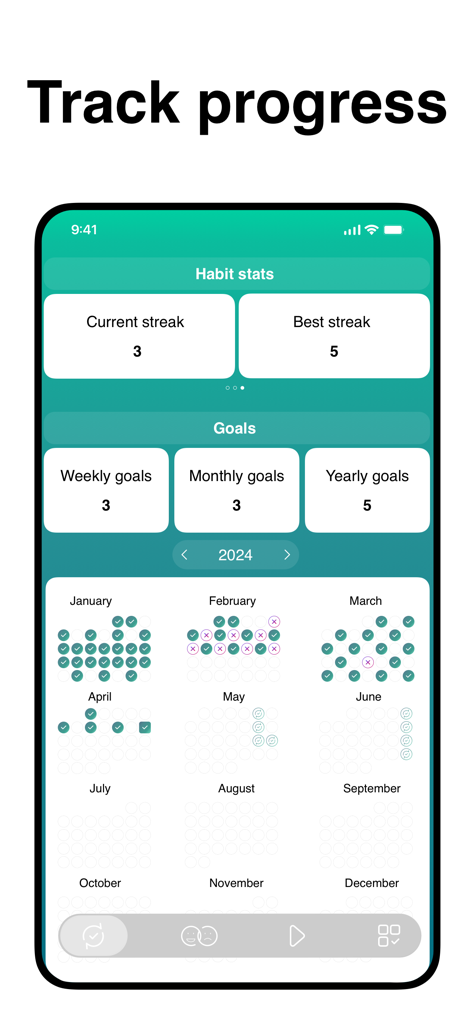 Loop Habits Tracker - Interfaz de la aplicación HabitDo que muestra estadísticas de seguimiento de rachas de hábitos y un calendario de progreso anual
