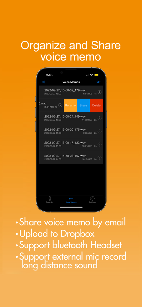Interface of Voice Recorder HD showing a list of voice memos with options to rename, share, and delete.