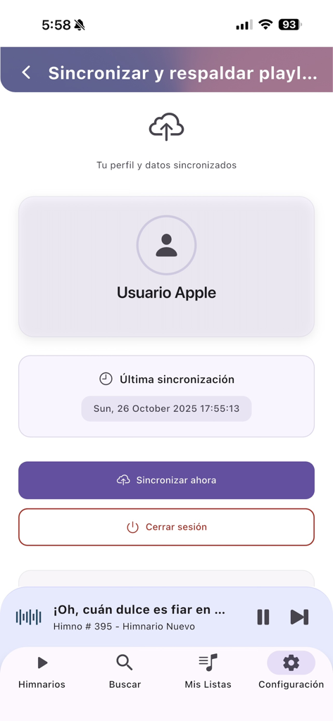 Himnario Adventista Completo - User profile screen of the Himnario Adventista app showing cloud synchronization and backup settings