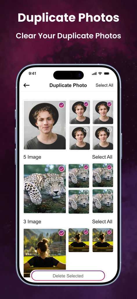Phone Cleaner - Storage Clean - Interfaz de la aplicación Phone Cleaner que muestra fotos duplicadas y similares agrupadas con círculos de selección para eliminarlas y liberar espacio de almacenamiento