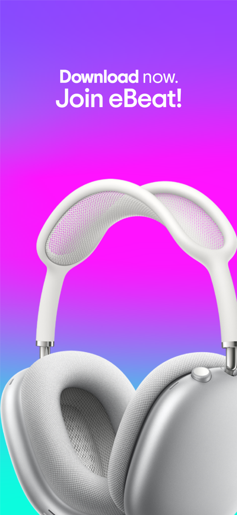 Imagem promocional para o eBeat MP3 Music Player com fones de ouvido prateados e texto de chamada para ação Junte-se ao eBeat