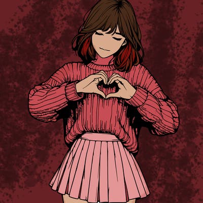 realistic girl in sweater and skirt making a heart with her hands